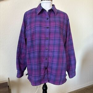 LL Bean Purple Plaid Flannel Fleece Lined Shirt Shacket Button Front Womens L